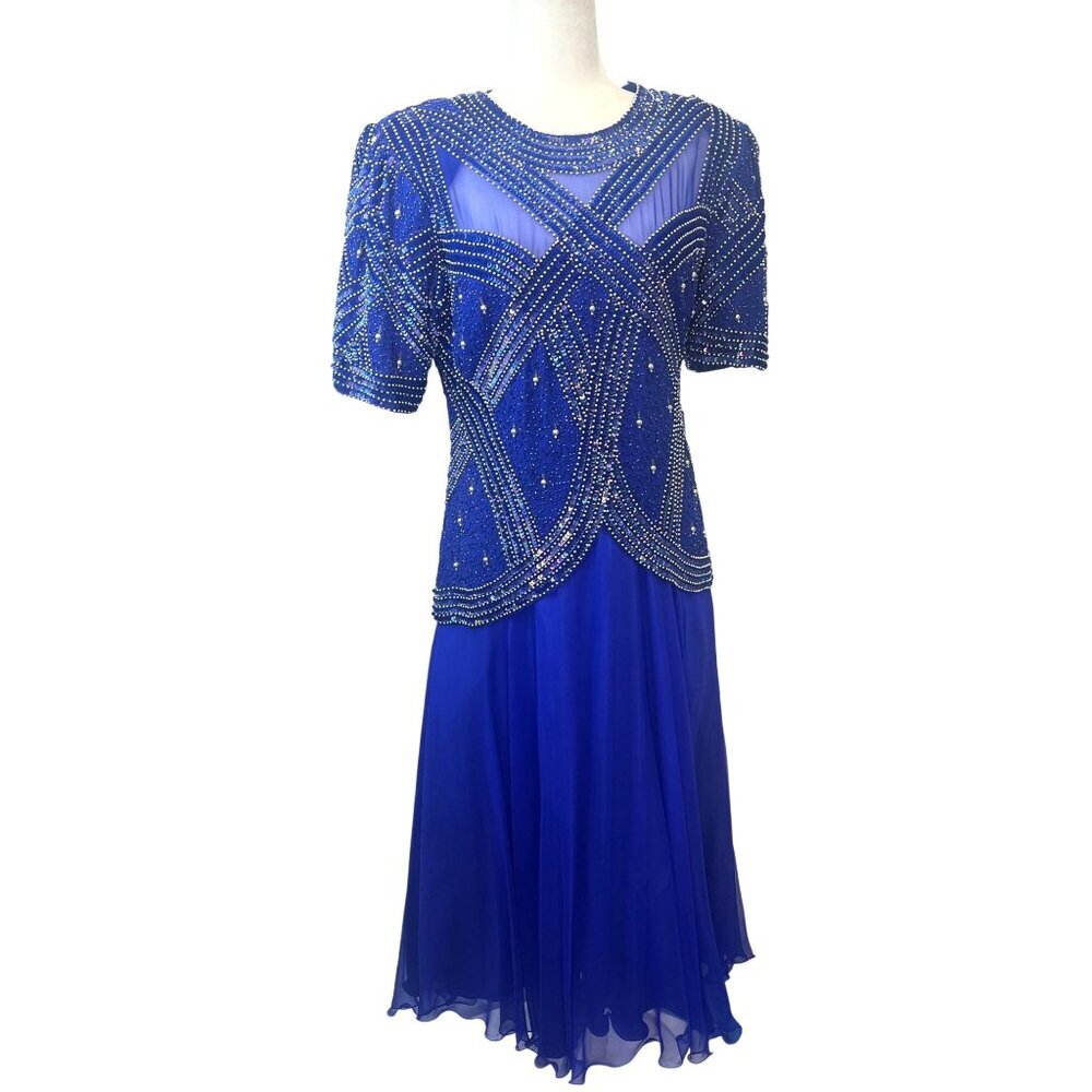 Laurence Kazar New York Sequined Silk Formal Evening Dress Blue NEW Ladies Large